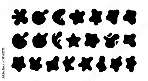 Abstract organic blob shapes collection, set of 21 black liquid splash silhouettes, minimalist amoeba and pebble vector elements for modern branding