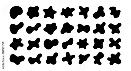 Abstract organic blob shapes, 28 black liquid amoeba silhouettes, minimalist fluid pebble vector elements for modern graphic design and branding