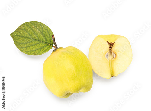 Photos Fresh quince with cut piece and leaf on white background
