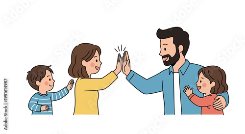 Happy family with father mother son and daughter sharing a high five together.