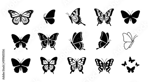 Black butterfly silhouette icons set, 15 decorative butterfly vector elements, minimalist insect wing shapes for logo design and spring decor