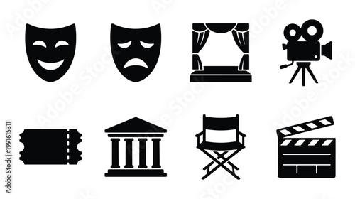 Cinema and theater icon set, black movie production symbols, drama and comedy masks vector collection, entertainment industry graphic elements