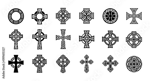 Celtic cross vector icons set, traditional Irish knotwork symbols, 18 black and white religious crucifix elements, medieval spiritual graphic ornaments