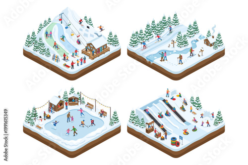 Winter Activities Isometric Scenes Skiing, Ice Skating, Tubing, and Snowboarding with People Enjoying the Snow