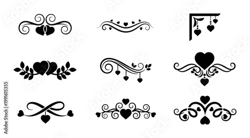 Vintage heart flourishes and decorative dividers, 9 black romantic swirl ornaments, elegant wedding calligraphy borders and filigree vector set