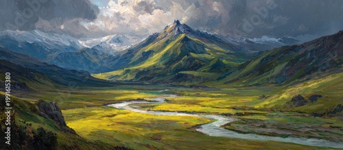 Majestic Mountain Landscape with Winding River and Ancient Castle Ruins.