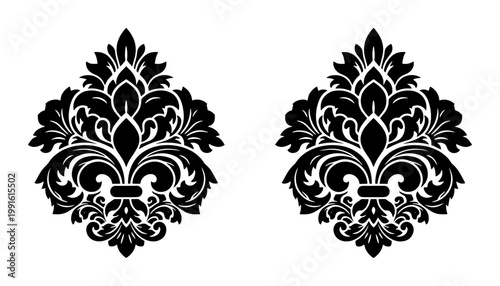 Vintage fleur de lis damask vector elements, black floral heraldic ornament set, classic royal lily silhouette icons for luxury branding and wedding invitations