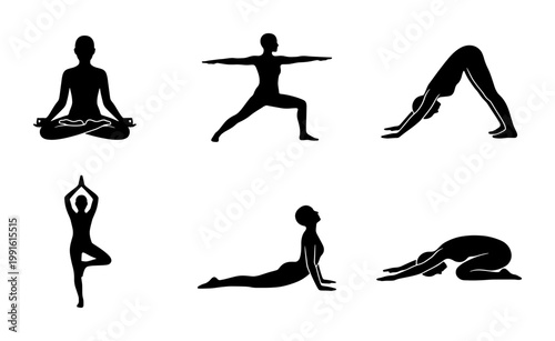 Yoga pose silhouettes set, black female fitness figures in various asanas, collection of 6 vector icons for wellness and meditation branding