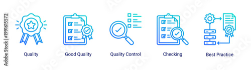 Kaizen quality icon set featuring quality control,inspection,and best practice concepts.Icon set focused on quality assurance,checking,and standardization processes for business and industrial use.