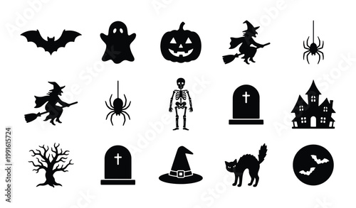 Halloween silhouette icon set with 15 black vector elements, spooky holiday symbols including pumpkin, ghost, witch, and bat, flat graphic design for party decor