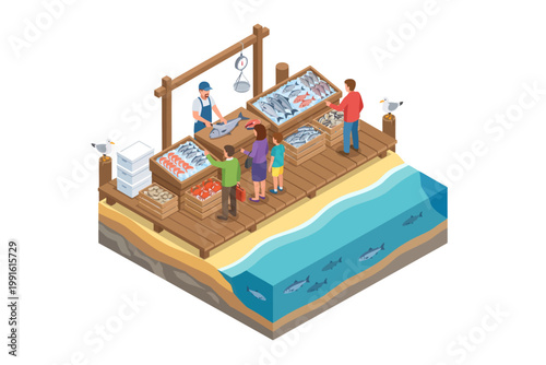 Isometric fresh fish market by the sea with customers buying seafood from vendors