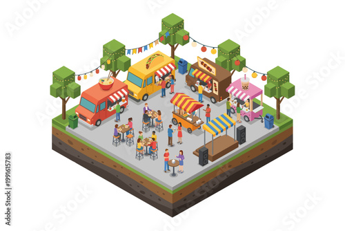 Isometric food truck festival with people enjoying diverse street food options and festive decorations