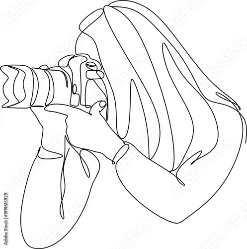 One line drawing of a paparazzi photographer taking pictures with a modern digital camera with angles. Journalist or reporter taking pictures. Continuous line drawing, graphic vector illustration.
