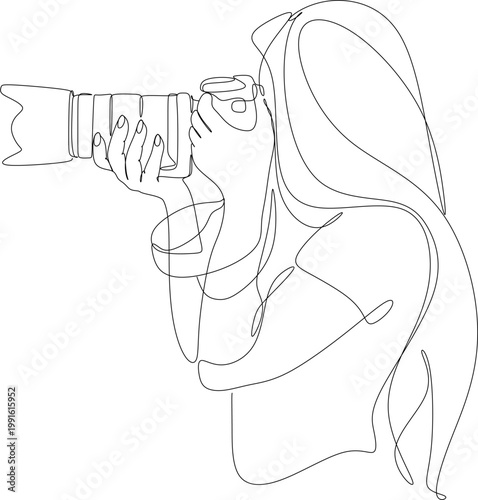One line drawing of a paparazzi photographer taking pictures with a modern digital camera with angles. Journalist or reporter taking pictures. Continuous line drawing, graphic vector illustration.