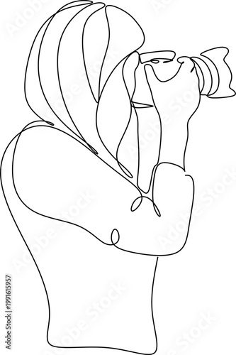 One line drawing of a paparazzi photographer taking pictures with a modern digital camera with angles. Journalist or reporter taking pictures. Continuous line drawing, graphic vector illustration.