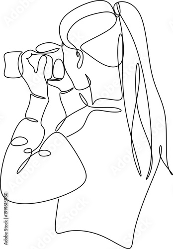 One line drawing of a paparazzi photographer taking pictures with a modern digital camera with angles. Journalist or reporter taking pictures. Continuous line drawing, graphic vector illustration.