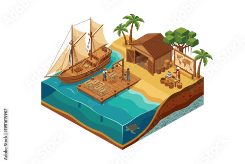 Vintage wooden ship at a tropical dock loading goods on a sunny island day