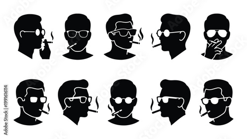 Retro smoking man silhouettes with sunglasses, vintage male head profile icons, 10 vector smoking character avatars for lifestyle design