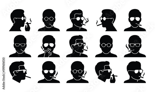 Smoking man silhouette icons set, 15 male avatar vector elements with sunglasses and cigarettes, black profile head portraits for health awareness
