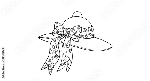 Elegant woman's wide brimmed hat features a large bow with a delicate floral pattern as a refined accessory for sunny summer days.