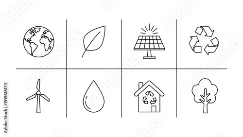 Eco-Friendly Icons: A collection of simple, yet impactful icons symbolizing environmental sustainability, ideal for design assets promoting green living.