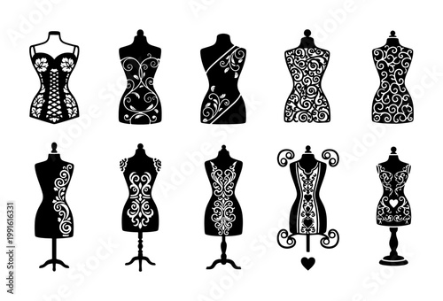 Vintage mannequin silhouettes with floral lace patterns, set of 10 dressmaker dummy vectors, elegant tailor shop torso icons for fashion design