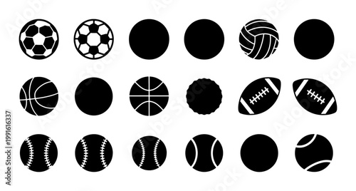 Minimalist sports ball icons set, 18 black vector silhouettes of soccer basketball and football equipment, athletic game symbols for web design
