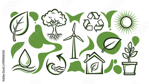 Eco-Friendly Elements: A collection of environmentally conscious symbols, from a wind turbine and recycling emblem to a leafy tree and sprouting plant, showcasing the essence of sustainability. 
