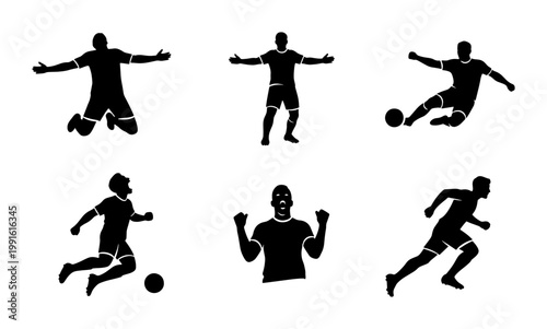 Soccer player silhouettes set, football athlete action poses vector collection, professional soccer players celebrating and kicking ball icons