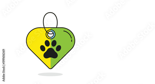 Heart shaped pet identification tag in yellow and green features a prominent black paw print as a stylish safety accessory for pets.