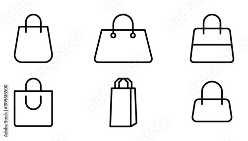 Minimalist shopping bag icons set, black line art fashion handbag vector collection, 6 retail store purchase symbols for e-commerce web design