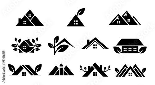 Minimalist real estate logo set, eco friendly house icons with green leaves, black silhouette home and roof vector collection for sustainable property branding