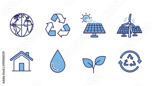 Sustainable World Symbols: A collection of clean, blue icons representing sustainability, environmental protection, and eco-friendly practices, including recycling, solar power, wind energy.
