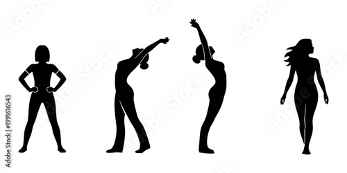 Yoga silhouette set of four women, female fitness poses in black vector icons, athletic girl stretching and standing figures for wellness design