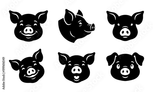 Minimalist pig head silhouette icons, set of 6 black swine face vector illustrations, stylized farm animal character logos for butchery and farming