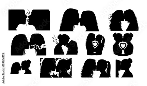 Lesbian couple kissing silhouette set, romantic female silhouettes in black vector, LGBTQ pride and love icons for wedding and dating designs
