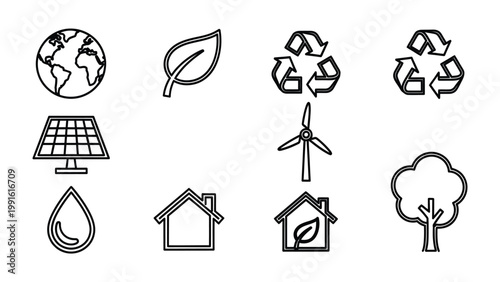 Eco-Friendly Icon Set: A collection of clean, minimalistic line icons representing key concepts of eco-friendliness and sustainability.