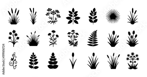 Black botanical silhouette icons set, 21 floral vector elements, minimalist plant and grass illustrations, nature foliage design assets for branding