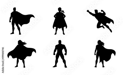 Superhero silhouette collection, set of 6 heroic male and female characters in capes, brave comic book vigilante figures, black vector icons on white background