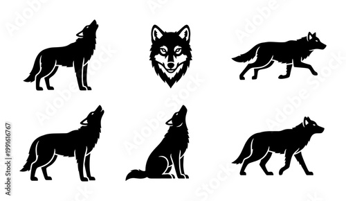 Black wolf silhouette vector set, howling wild wolf icons and predator head mascot, 6 animal silhouettes for outdoor branding and logo design