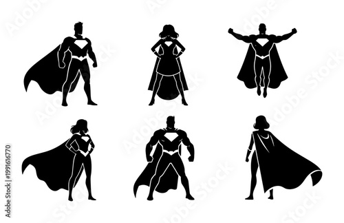 Superhero silhouette collection, set of 6 heroic male and female character icons, black comic book figures with capes and emblems, vector graphic resources