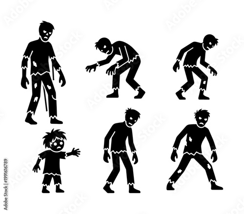 Zombie silhouette collection with six undead characters, spooky halloween monster icons set, walking dead figures in tattered clothes for horror design