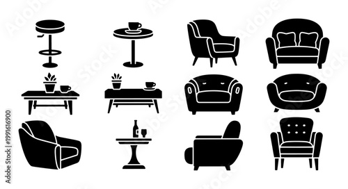 Modern furniture icons set, black silhouette living room interior elements, 12 vector sofa and table symbols for home decor and floor plans