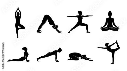 Yoga silhouette collection featuring 8 female poses, black yoga asana icons for fitness and wellness, minimalist pilates exercise vector set