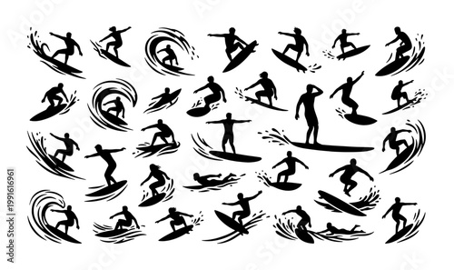 Surfing silhouette vector set, black surfer icons riding ocean waves, collection of 28 extreme water sports figures for summer beach branding