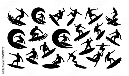 Surfing silhouette vector set, black surfer figures riding ocean waves, collection of 20 extreme water sports icons for summer beach branding
