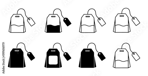Minimalist tea bag icon set, 8 black and white vector tea bag symbols with tags, flat line and solid beverage infusion graphics for menu design