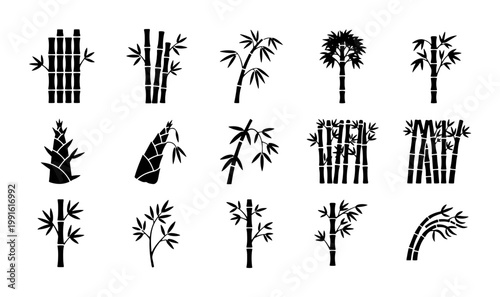 Minimalist bamboo plant icons, black silhouette bamboo stalks and leaves set, 15 oriental nature vector elements for spa and wellness branding