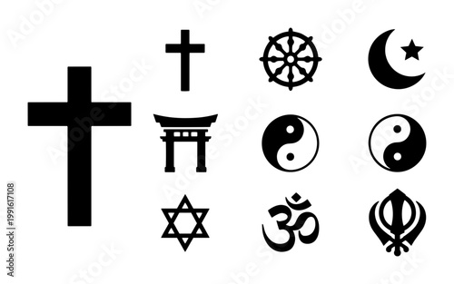 Religious symbols collection, black world religion icons set, spiritual faith signs including cross and star of david, 10 vector elements