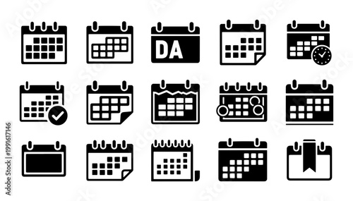 Calendar icon set with 15 black vector symbols, schedule and appointment planning elements, business organizer and date management icons